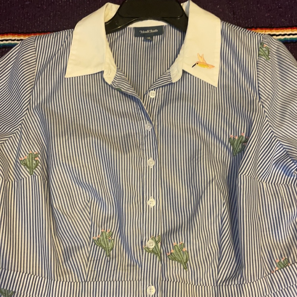 Modcloth Blue & White Striped Midi Shirt Dress with Green Embroidery - Picture 2 of 7